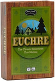 Euchre card game box with wooden border and green background