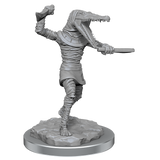 Unpainted miniature figure of a creature with an alligator head and human body on a white background