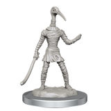 White figurine with a sword on a gray base against a white background