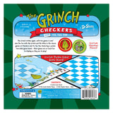 Packaging of 'The Grinch Checkers and Tic Tac Toe' game by Dr. Seuss on a green background.
