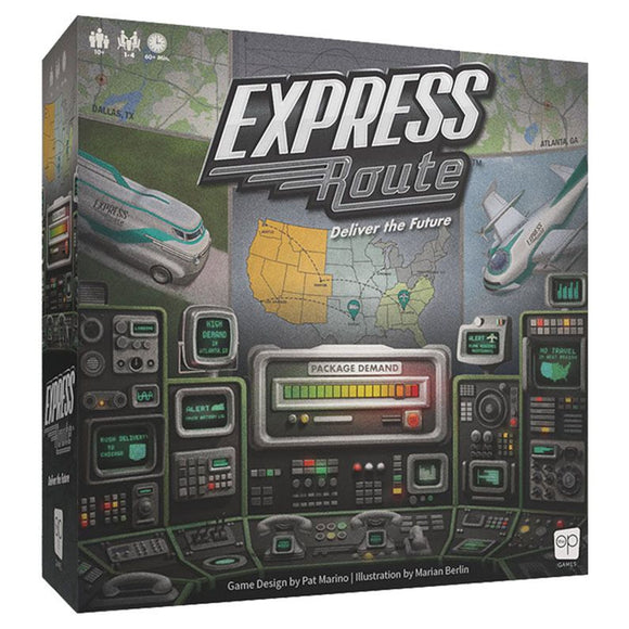 Board game box for 'Express Route' with graphics of a van, airplane, and map.