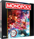 Monopoly vs. Demon Slayer board game box shown at a slight angle, featuring the classic red and white Monopoly logo at the top and colorful anime artwork from Demon Slayer on the front.