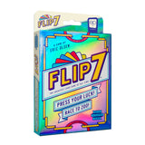 Flip 7 card game packaging with colorful design and text on a white background