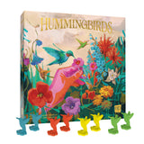 Colorful hummingbird figurines in front of a 'Hummingbirds' box with floral illustrations.