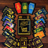 Collection of 'FLIP7' cards on a wooden surface with the game box in the center.