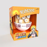 Naruto Shippuden Yahtzee board game in its original orange retail box, featuring a white bowl, wooden dice, and anime character graphics on the packaging.
