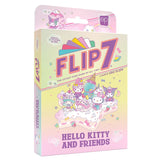 Flip 7 Hello Kitty and Friends card game box, featuring a pastel gradient cover with Sanrio characters on a cake and the title 'FLIP 7' in large purple letters.