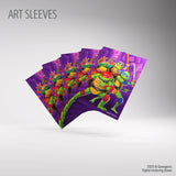 Set of purple art sleeves with cartoon turtle characters on a gray background