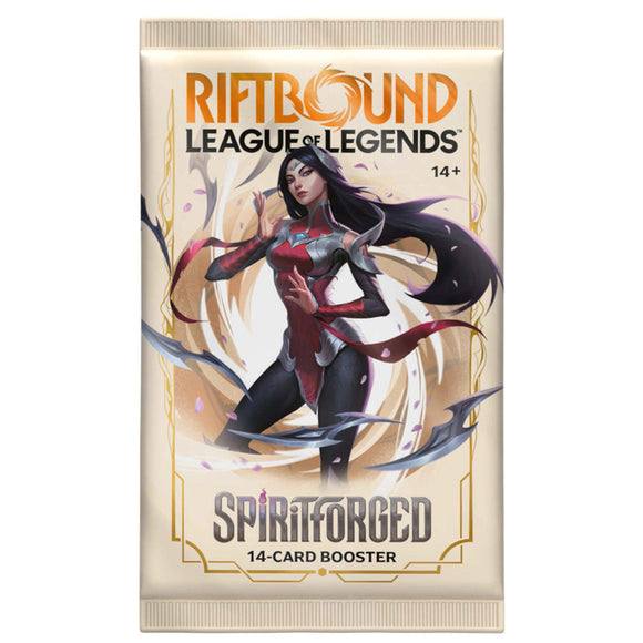 Riftbound League of Legends Spiritforced booster pack with character illustration on beige background