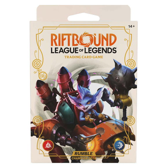 Riftbound League of Legends trading card game packaging with characters on a beige background