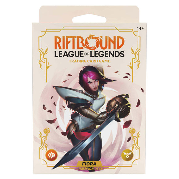 Riftbound League of Legends trading card game pack featuring a character named Fiora.