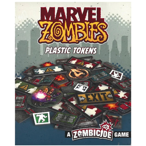Marvel Zombies plastic tokens packaging with cityscape background