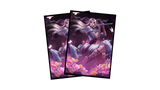 Two overlapping illustrated art cards featuring a fantasy scene of a woman with long white hair playing a flute while sitting on a white wolf, surrounded by pink flowers and butterflies, set against a plain white background.