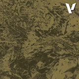 Textured brown surface with a logo in the top right corner