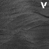 Close-up of dark gray fabric texture with a brand logo in the corner.