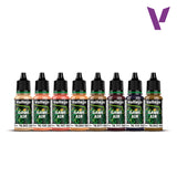 Set of Vallejo Game Air paint bottles on a white background