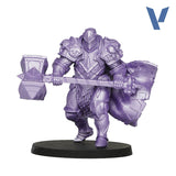 Purple fantasy figurine with armor and weapon on a white background