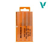 Packaged wire gauge HSS twist drills with orange box on a white background