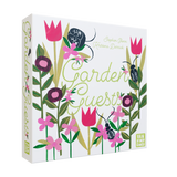 Board game box titled 'Garden Guests' with floral designs on a white background
