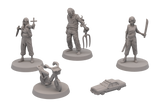 Set of gray miniature figures with weapons on white background