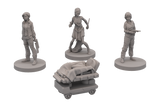 Set of gray miniature figures on stands with a white background