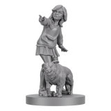 Statue of a person on a lion with a pointing gesture on a white background