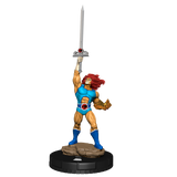 Statue of a superhero character with red hair, blue outfit, and sword on a white background