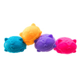 Four colorful cat-shaped toys on a white background