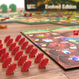 Board game with red player pieces and 'Evolved Edition' text in the background