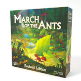 Board game box for 'March of the Ants' with ant illustration on a white background