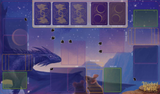 Fantasy scene with dragons and tarot cards against a starry night sky.