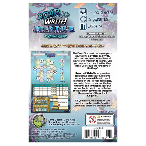 Back of a game packaging for 'Roar and Write! Deep Dive' with text and graphics.