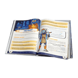 Open book with illustrations and text on a black background
