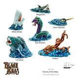 Collection of sea creature figurines with labels on a white background, featuring the Black Seas brand.