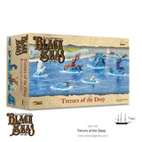 Board game box for 'Black Seas: Terrors of the Deep' by Warlord Games on a white background.