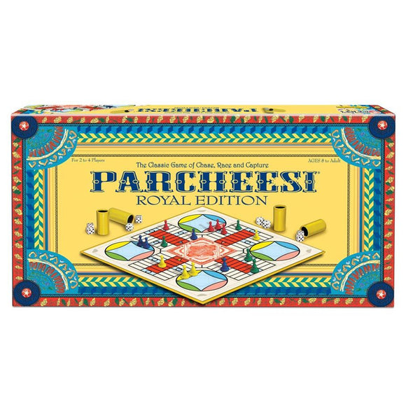 Parcheesi Royal Edition board game box with colorful design on a white background