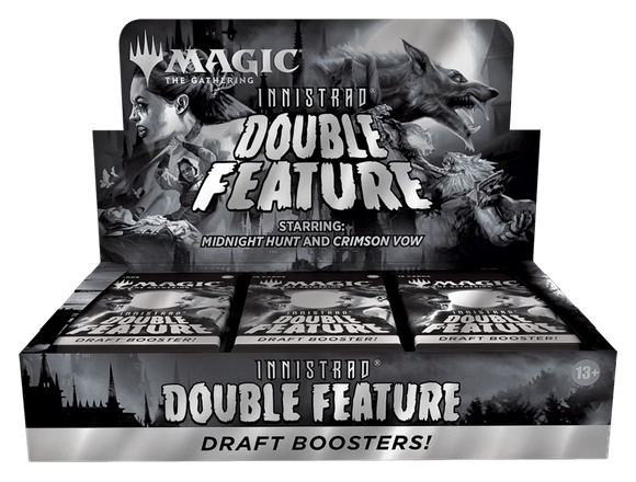 Box of 'Magic: The Gathering' Innistrad Double Feature draft boosters with wolf and woman illustration.