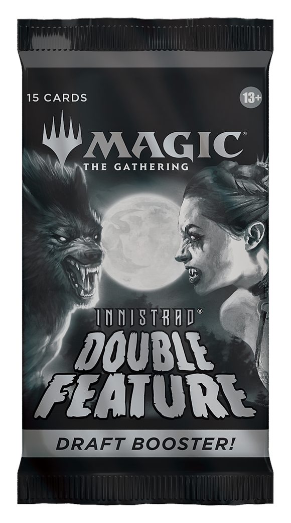Pack of 'Magic: The Gathering' Innistrad Double Feature Draft Booster with wolf and woman design.