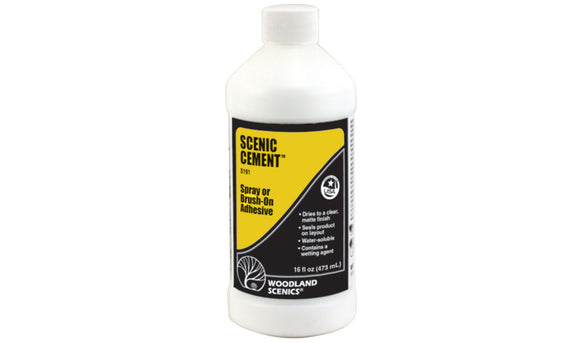 Bottle of Woodland Scenics Scenic Cement on a white background