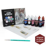 Art supplies set with paint bottles, brush, and book titled 'Masterclass John Blanche Volume 2' on a white background.
