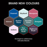 Hexagonal color swatches with names on a black background, developed in collaboration with John Blanche.