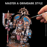 Decorative figure with intricate details and a hand holding a paintbrush, set against a black background with text 'Master a Grimdark Style'.