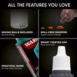 Product features including mixing balls, spill-free dropper, smart twister cap, and practical name on a dark background.