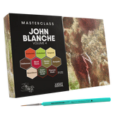 Paint set titled 'Masterclass John Blanche Volume 4' with color swatches and a paint brush on a textured background.