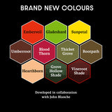 Hexagonal color swatches with names on a black background, developed in collaboration with John Blanche.