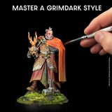 Miniature figure being painted with a brush, text 'Master a Grimdark Style' above.