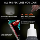 Paint product features with text on a black background