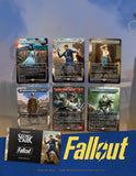 Collection of 'Fallout' themed trading cards on a blue background with 'Fallout' branding.