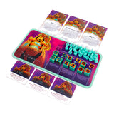 Board game components including cards and dice on a colorful mat with a character illustration.