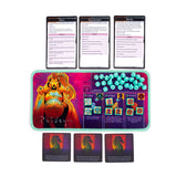 Card game set with character cards, monster cards, and dice on a white background